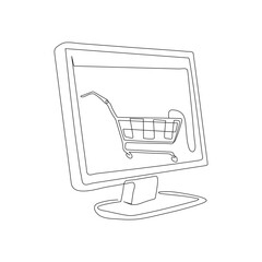 Continuous Line Art of Online Shopping Concept. online shopping, ecommerce, digital store. shopping cart, computer screen, icon
