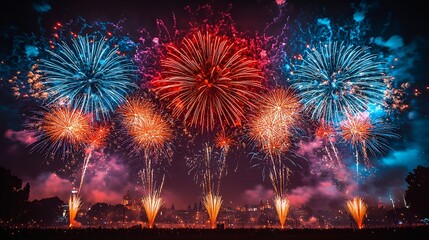 Colorful Fireworks Display over City at Night