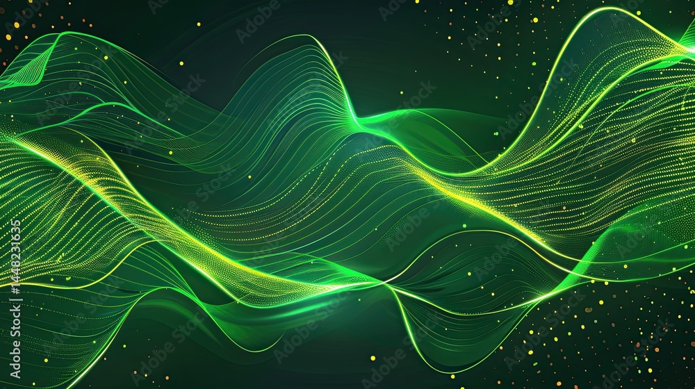 Aufkleber abstract green wave design with flowing lines and particles, suitable for backgrounds.