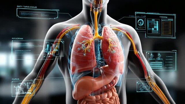 Human Body Anatomy Exploration: A detailed medical visualization highlighting internal organs and systems with futuristic interfaces. Reveals the wonders of human anatomy and the function.