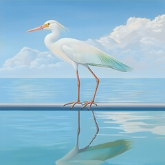 White Heron standing on pool edge, ocean background, calm waters, wildlife illustration, ideal for nature publications