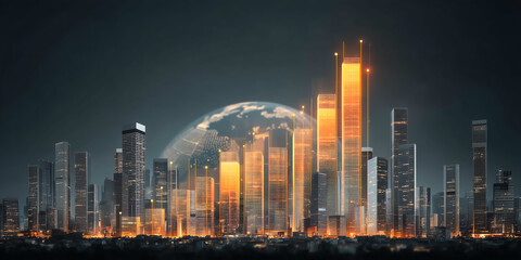 Obraz premium Glowing Skyscrapers Forming a Bar Chart on a 3D Earth with Dynamic Digital Lighting and Business Growth