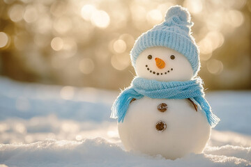 Obraz premium Cheerful snowman with a bright blue knitted hat and scarf basks in winter light