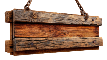 Rustic Wooden Signboard: Hanging signboard made of aged and weathered wood with metal chains, perfect for adding a vintage or rustic touch to your design projects.