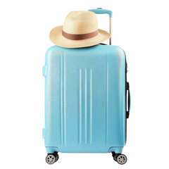 A blue suitcase with a hat on top, ready for travel. This image embodies the essence of travel, inviting viewers to dream of their next adventure
