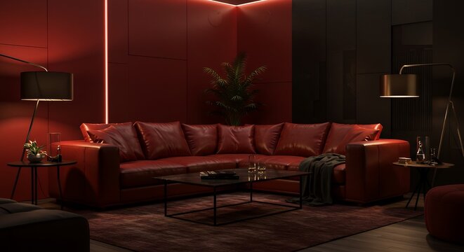 Red Leather Corner Sofa in a Modern Living Room