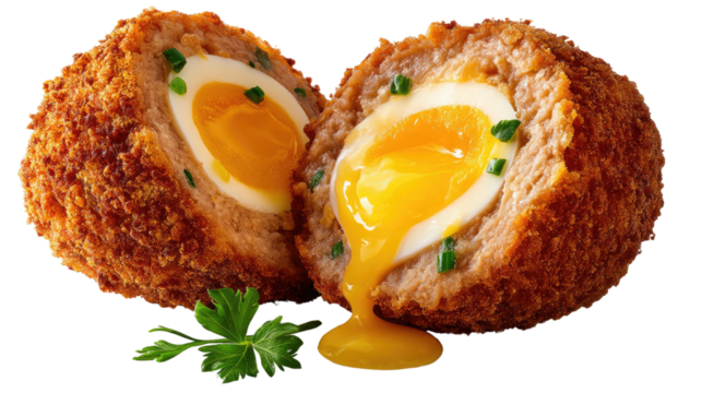 Golden Delight: A freshly made Scotch egg cut in half, revealing the creamy yolk, nestled amongst the appetizing textured breadcrumbs. Capturing the rustic charm and culinary delight.