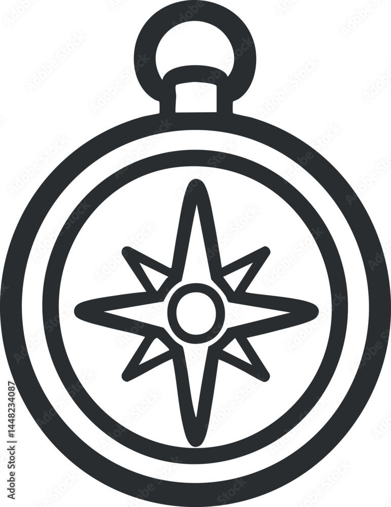 Poster black and white line icon of a compass with directional points for navigation and travel guidance