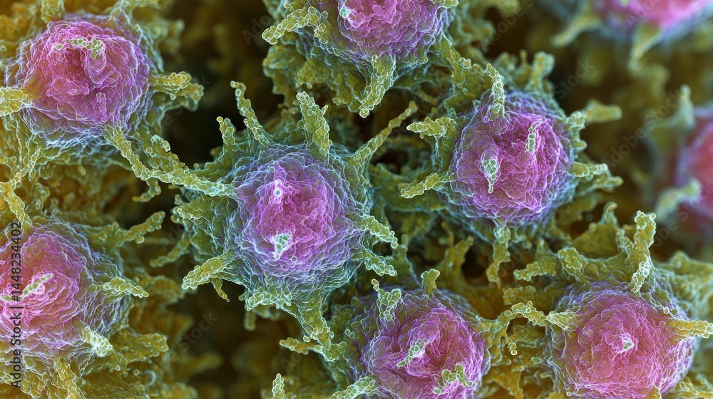 Poster 3d digital rendering of lymphoma cells under a microscope
