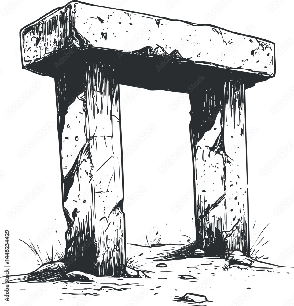 Poster black and white sketch of an ancient stone arch structure with two pillars and a horizontal block on