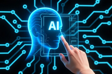 Futuristic AI Interface with Finger Touching Virtual Face