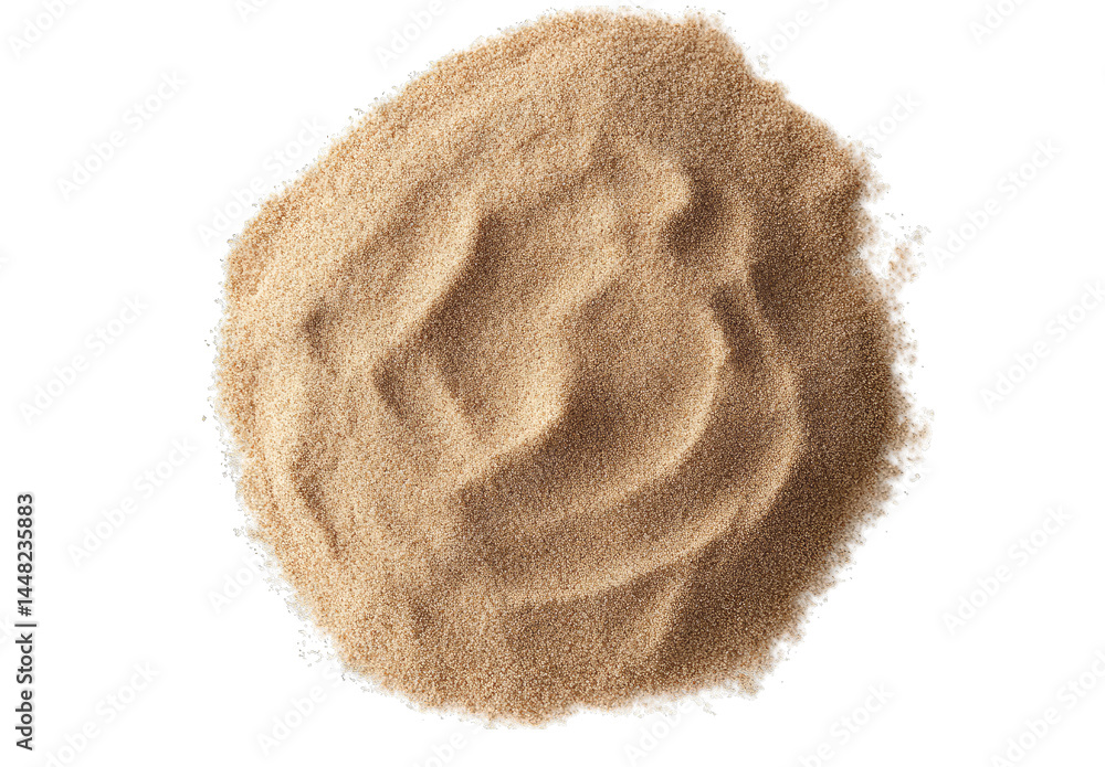 Poster a close-up view of a mound of fine. light brown sand. highlighting its smooth texture and natural gr