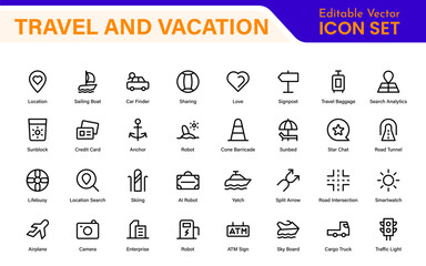 Travel and Vacation Outline Icon illustration. Editable line icon set.