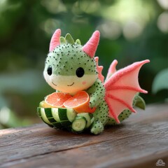 Naklejka premium A dragon plushie curled around a fruit treasure, its body of cucumber and wings of citrus slices, mythical and detailed, digital painting.