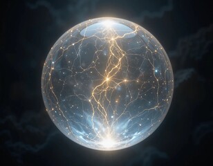 Obraz premium A glowing crystal orb floating in mid-air, radiating a soft light that illuminates the surrounding dark space