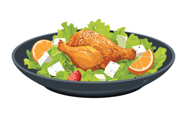 fried chicken with salad - vector illustration