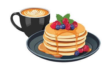 pancakes with hot coffee latte - vector illustration