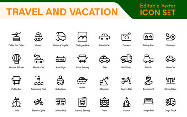 Travel and Vacation Outline Icon illustration. Editable line icon set.