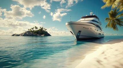 Luxury Yacht at Tropical Island Beach at Sunset