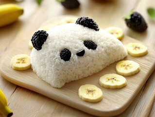 A panda made of rice-shaped fruits like banana slices, with dark patches of blackberries for eyes and ears, minimalist and cute, digital art.