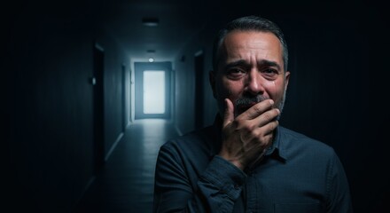 Fototapeta premium Emotional pain conveyed through a close-up of a crying man in a dark hallway, illuminated by a distant light source, showing despair.
