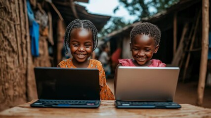 Two young African girls are happily using laptops, potentially for education or communication, in their village setting