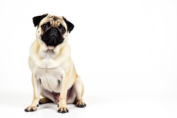 Fototapeta premium Adorable pug dog sitting, isolated on white background, brown, friend
