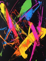 Abstract expressionism using high-gloss neon inks over matte black backdrop