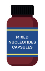 Mixed Nucleotides capsules in brown bottle isolated on white background. Immune Support Supplement with Organic Nucleotides Beta Glucans. Natural Energy Supplement. Plant Based Capsules.