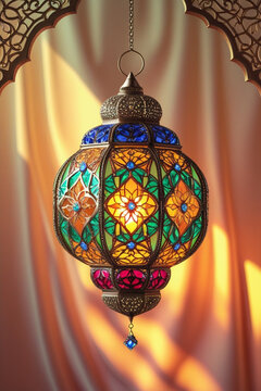 Eid Fanous Lantern with Islamic Pattern and Warm Drapes Background for greeting card, banner, poster, wallpaper, book cover