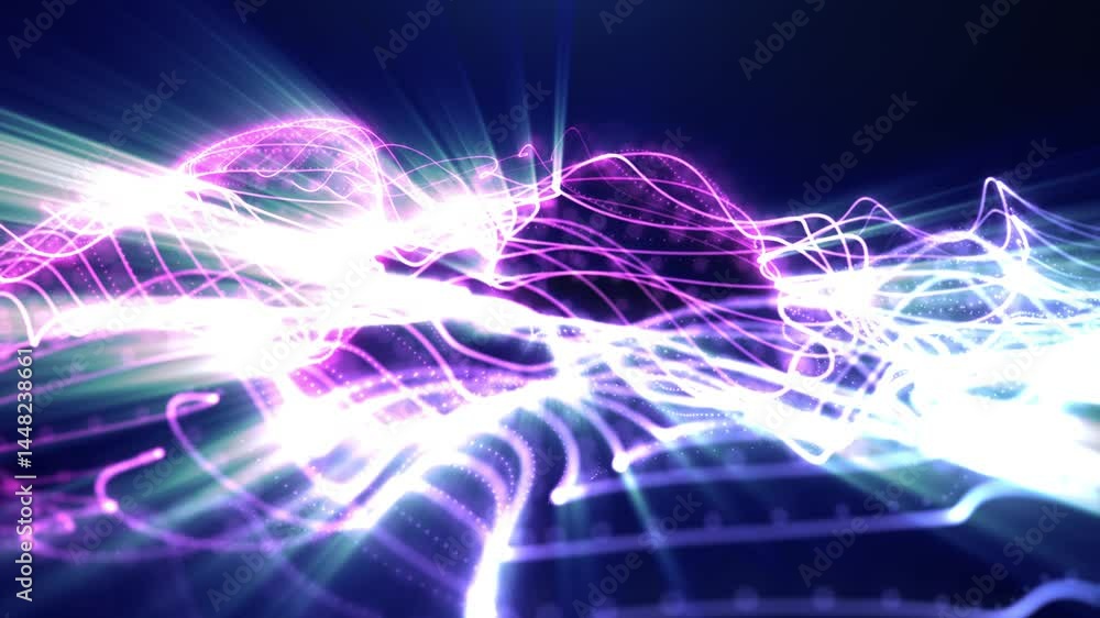Poster abstract digital dynamic waves of bright particles creating neon beams with light movement backgroun