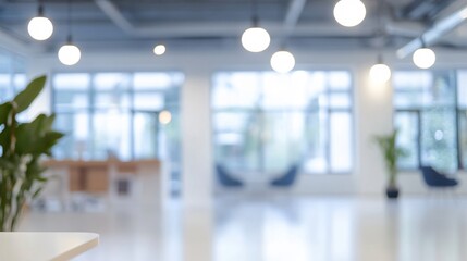 Crisp White Open Office Interior with Blurred Focus, Professional Work Environment Concept