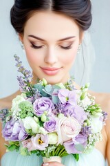 Naklejka premium Young woman with dark hair in an elegant updo holding a pastel bouquet of lavender and white flowers, eyes closed and smiling softly