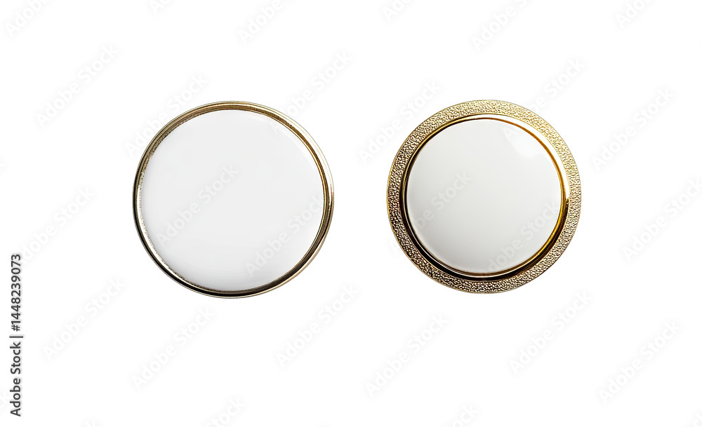 Poster two elegant. round buttons with a glossy white surface and metallic edges. displayed against a clean