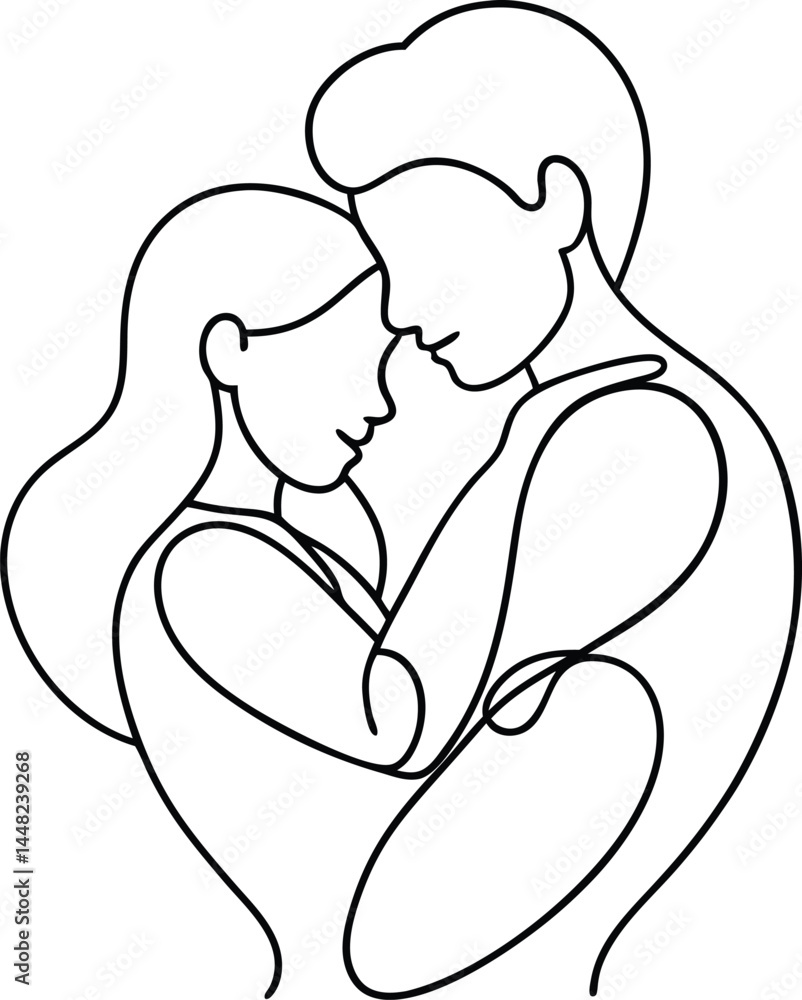 Poster romantic couple in love drawn in a continuous line style representing intimacy connection and affect