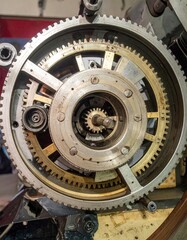 Obraz premium A vintage clock crafted from polished metal, showcasing intricate gears and cogs, with a classic face featuring Roman numerals and ornate hands.