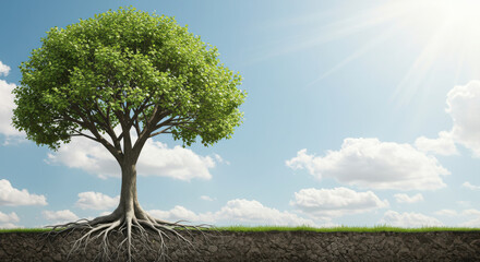 Obraz premium Green tree showing strong root system in earth cross section nature with copy space.