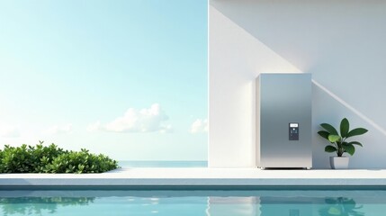 Fototapeta premium Modern stainless steel refrigerator beside a tranquil pool overlooking a serene ocean view