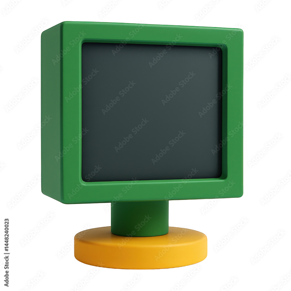 Poster brightly colored minimalist 3d rendered display screen unit featuring a vibrant green frame and a bo