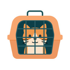 Flat illustration of a happy orange cat sitting inside a pet carrier, ideal for vet visit, travel, or pet care visuals. Vector illustration