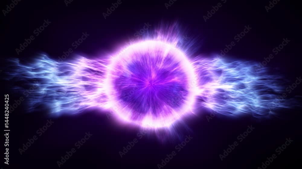 Poster abstract glowing sphere made of particles, dots and waves in blue and purple, digital technology and