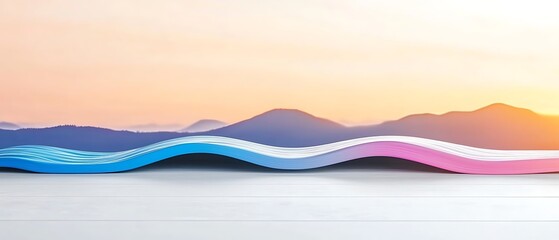 Obraz premium Sunrise over distant hills. Wavy blue and pink surface. White wooden base. Soft pastel sky