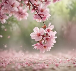 Delicate pink sakura petals drift against a softly blurred spring background  ,  flower,  petal fall,  beauty