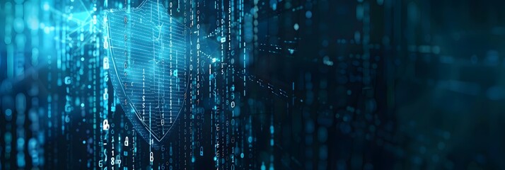 Abstract background of glowing blue digital rain or data streams falling vertically. Represents code, technology, cyberspace, information flow, matrix concept.
