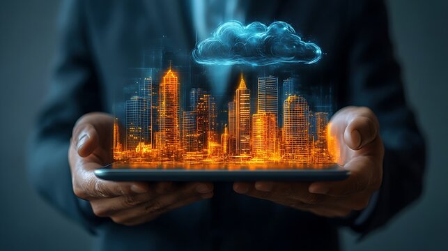 A businessman presents a glowing orange digital city with a floating cloud above it on a tablet
