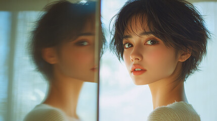 Elegant portrait of a beautiful Asian woman with short hair and a gentle reflection.