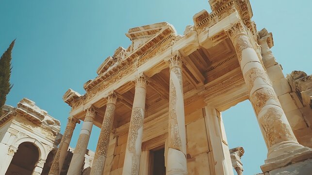 Exploring the Ancient Library of Celsus with Grand Columns and Architecture