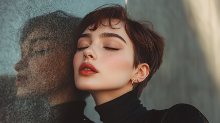 A beautiful woman with short hair and closed eyes, leaning against a wall