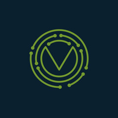 Creative Tech Symbol with Stylized V and Electronic Circle