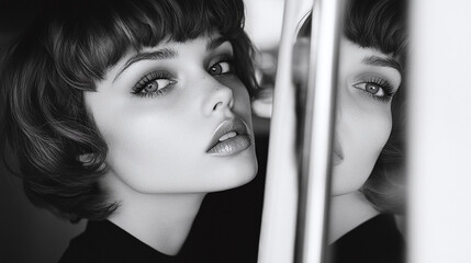 Elegant Woman Posing with Reflection in Black and White